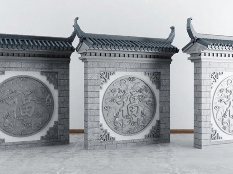 中式石雕门楼3D模型 古典建筑福字祥云浮雕 文化装饰室内设计素材库 灰白调简约风格展示免费3d模型