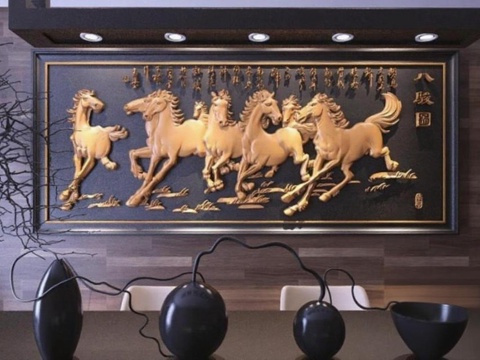 中式客厅装饰大型木雕奔马浮雕艺术品 吉祥奔马文化符号高端收藏木雕 3D立体实木浮雕画新中式风格客厅背景墙装饰免费3d模型