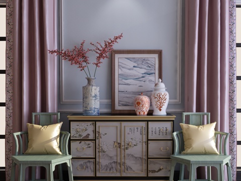  新中式玄关端景柜 单椅花瓶窗帘组合3d模型 