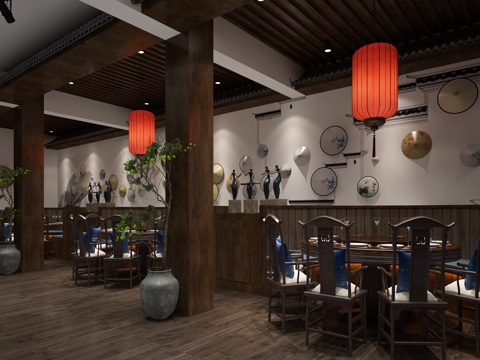  传统中式餐厅 卡座 装饰品3d模型 