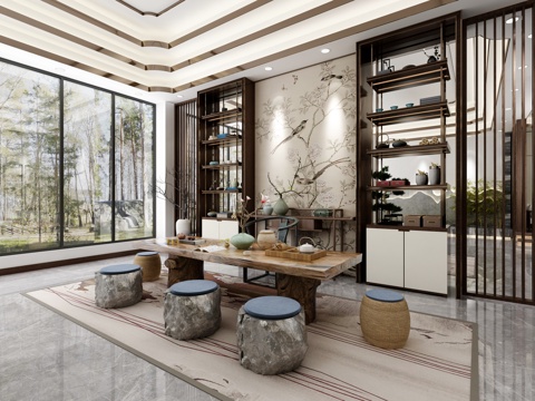  新中式入户 玄关 松树 假山水池3d模型 