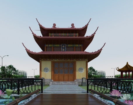  中式外建 钟楼 桥 荷花池 八角亭 栏杆3d模型 