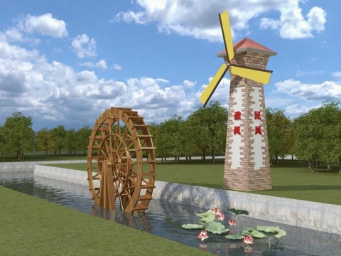 乡村景观3D模型设计 水车荷花砖石风车 休闲公园公共设施 自然风光效果图免费3d模型