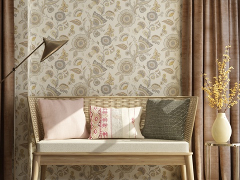  现代单椅落地灯装饰花瓶窗帘组合3d模型 