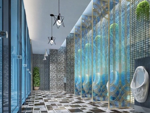 高端酒店卫浴空间设计 艺术装饰风格3D模型 奢华卫浴长廊案例 几何拼接瓷砖金属框架装饰效果图免费3d模型