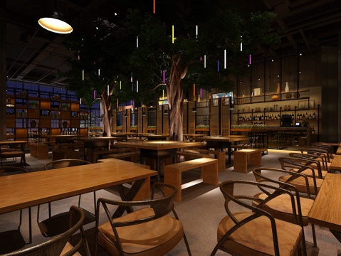  工业风格混搭餐厅 榕树造型 琉璃灯3d模型 