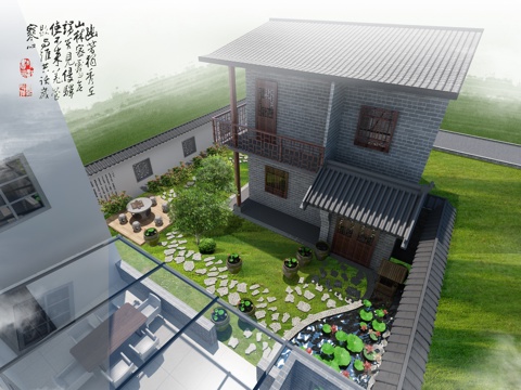  中式庭院景观古建楼水景 石桌椅组合3d模型 