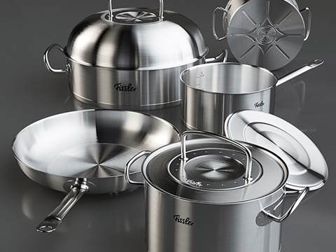  不锈钢拉丝橱柜 锅盆饰品3d模型组合3d模型 