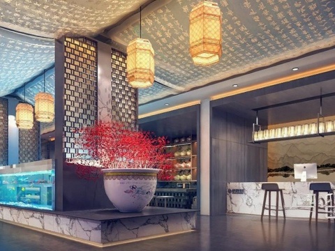 新中式现代奢华室内设计 高端酒店艺术空间酒吧餐厅 沉浸式商业空间灯光设计免费3d模型