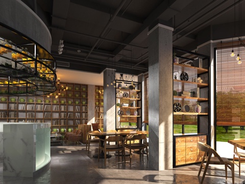  LOFT咖啡厅 大堂 休憩区3d模型 