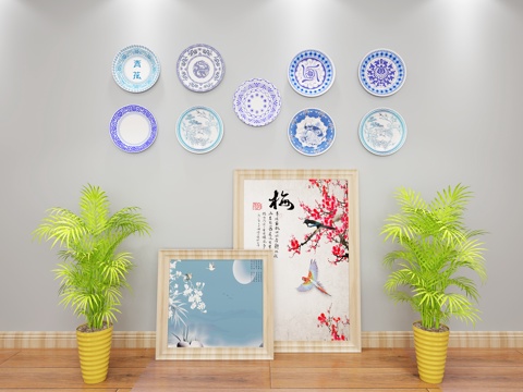  新中式挂件墙饰 装饰画 盆景 盘子装饰3d模型 