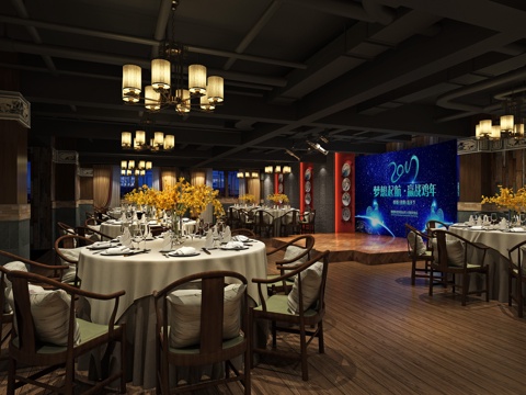  新中式中餐厅 餐桌椅 吊灯3d模型 