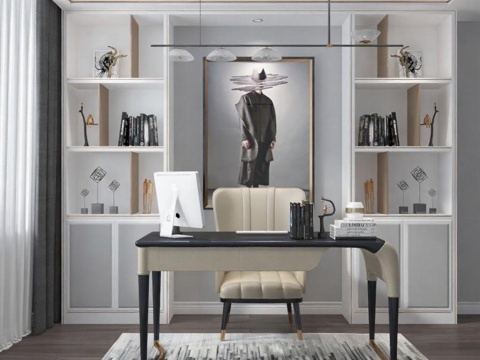 现代轻奢书房设计3D模型 高端家居办公区装饰灵感免费3d模型