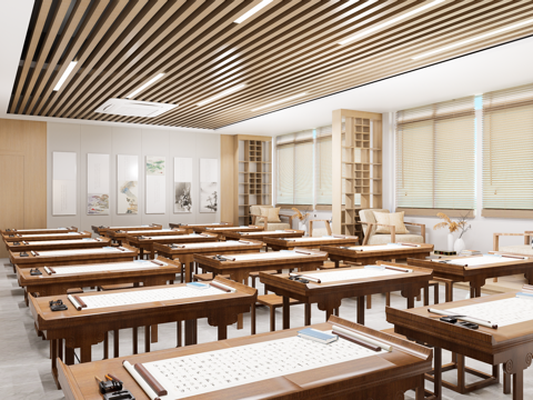 0084现代中式新中式儒学教室书法教室教培空间su模型