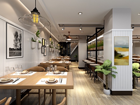  工业风餐厅   风扇  挂画  植物  餐桌椅 吧台3d模型 