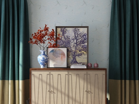  新中式玄关柜 装饰画 装饰花瓶 窗帘组合3d模型 