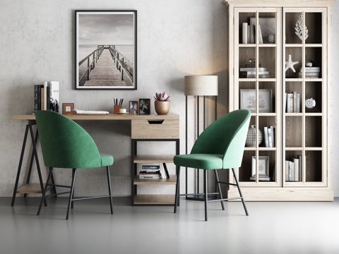  现代书桌椅组合 书桌 休闲椅 书柜 挂画 落地灯3d模型 