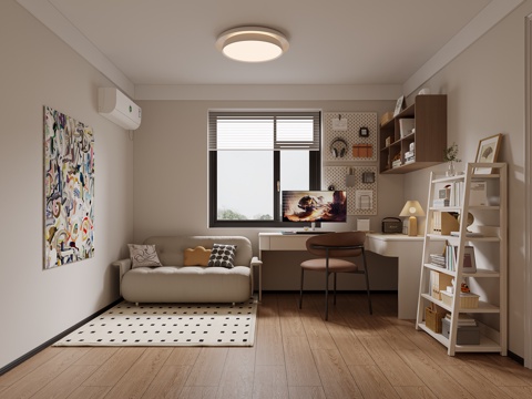  现代奶油原木书房儿童房3d模型 