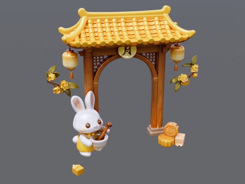  月亮门古剑小白兔月饼组合su模型 