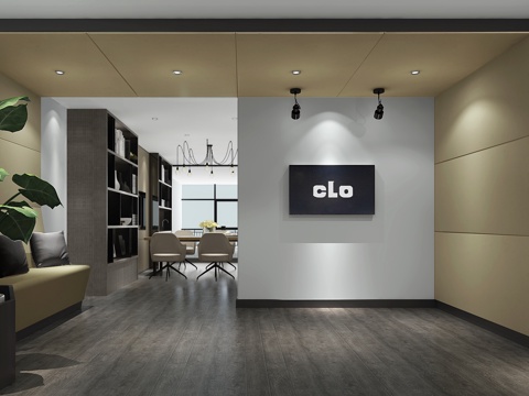  现代会议室 书柜 书桌椅 挂画 植物 物件摆件3d模型 