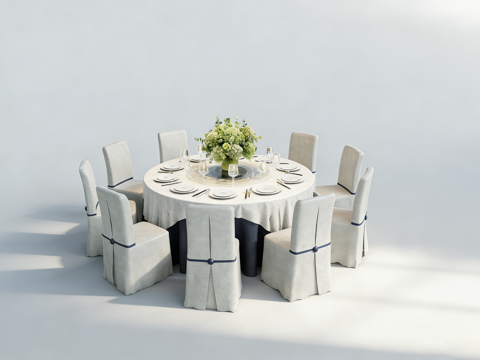 现代简约圆形餐桌 8人位餐椅 带餐具摆台su模型