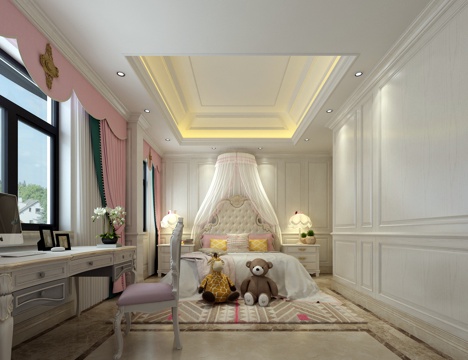  经典欧式儿童房 窗帘 公主床 书桌椅 床头柜 台灯 物件摆件3d模型 