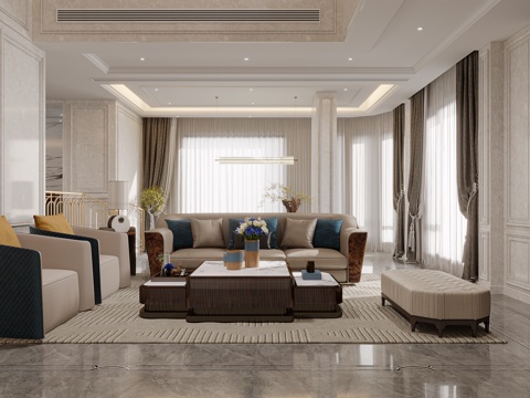  轻奢美式客餐厅3d模型 