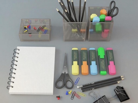 简约现代文具套装 学生办公学习用品 彩色桌面收纳整理盒免费3d模型