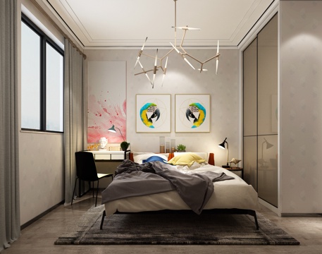  现代儿童房 床 衣柜 挂画 吊灯 台灯 书桌椅 物件摆件3d模型 