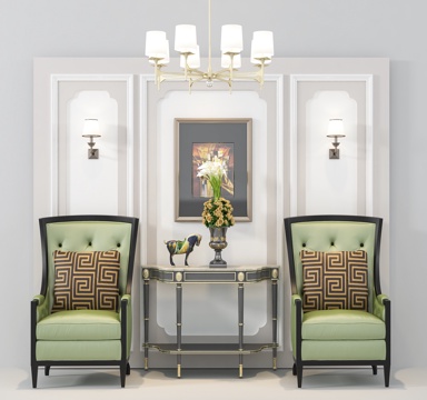  欧式简约休闲椅 边柜 挂画 背景墙 吊灯 壁灯 摆件 饰品3d模型 