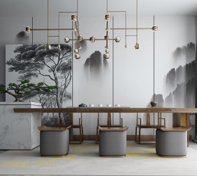  新中式茶室茶几组合3d模型 