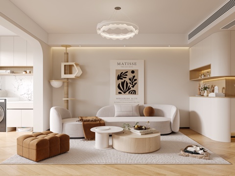  现代奶油原木风客餐厅3d模型 