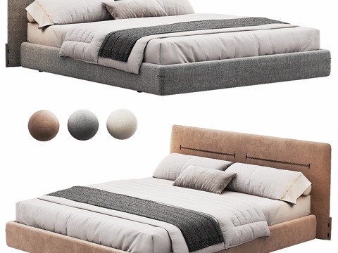  现代背景双人床 意式布艺软床双人床 极简轻奢双人床  真皮3d模型 