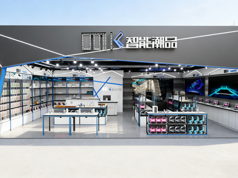 现代科技风数码零售店 多层货架 蓝色LED灯带 中央展桌su模型