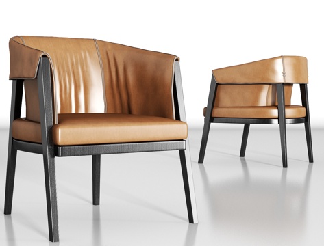  新中式实木橙色皮革单椅组合3d模型 