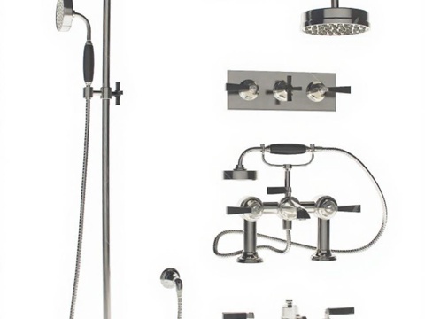 高端卫浴套装 现代淋浴系统 浴室配件组合 银色金属 黑色手柄 科技感设计免费3d模型