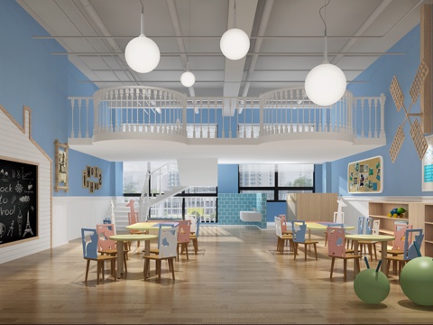  北欧儿童娱乐室 风筝 桌椅 黑板 玩具3d模型 