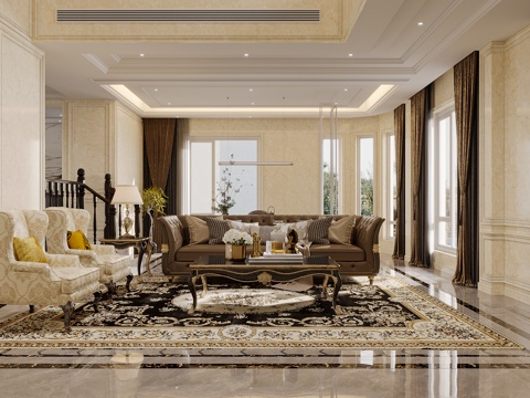  轻奢美式客餐厅3d模型 