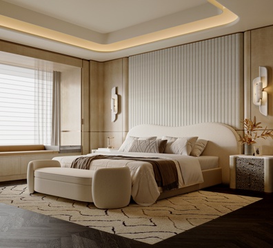  现代轻奢卧室 主卧 布艺双人床 床头柜 床尾凳 卧室摆件3d模型 