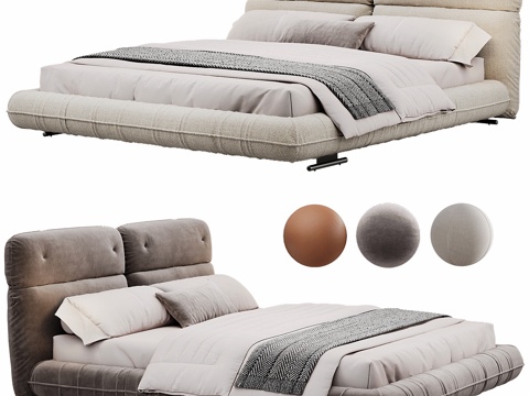  现代背景双人床 意式布艺软床双人床 极简轻奢双人床  真皮3d模型 
