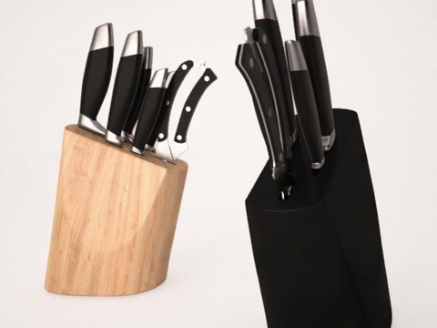 现代简约厨房刀具套装 木制黑色刀架收纳 3D模型产品展示图 白色背景家居用品免费3d模型
