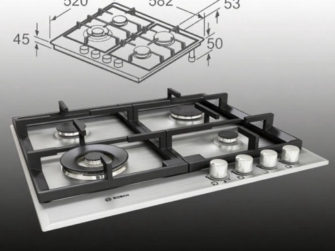 BOSCH博世嵌入式燃气灶 不锈钢四眼家用灶具尺寸参数免费3d模型