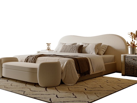  现代奶油风双人床 床尾凳 床头柜 主卧双人床3d模型 