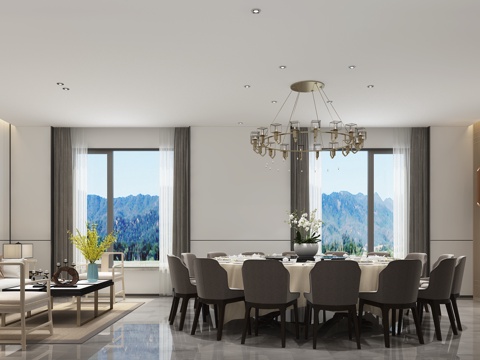  新中式酒店餐饮包厢 吊灯 玄关柜 边柜 餐桌椅3d模型 