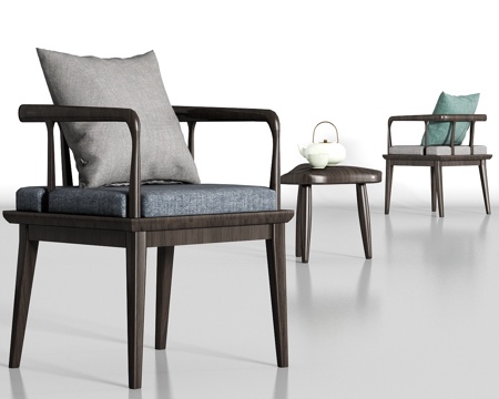  新中式实木布艺单椅角几组合3d模型 