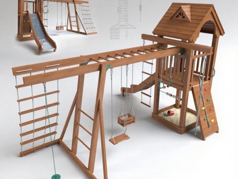 儿童户外游乐场3D模型设计 多功能滑梯秋千攀岩组合 木制家庭娱乐设施安全图纸免费3d模型