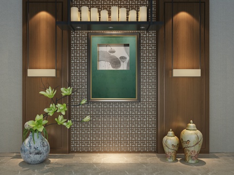  新中式背景墙 行中式造型墙 餐厅包房造型墙 干枝瓶 中式吊灯3d模型 