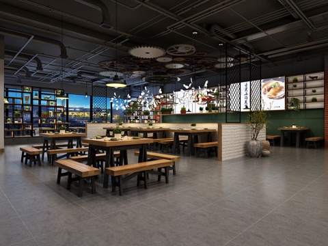  后现代复古混搭餐厅快餐厅 消防管 黑色吊顶 铁艺木质隔断3d模型 