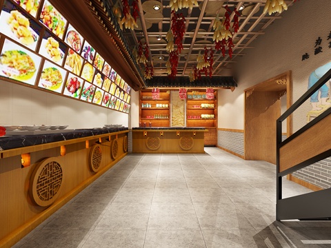  传统中式铁锅炖大厅 桌椅 吊灯 隔断 月亮门 绿植3d模型 