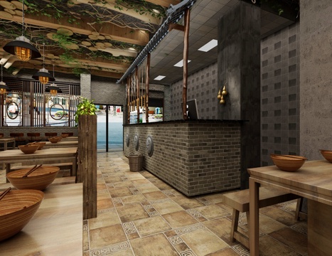  工业风快餐店 门头 餐桌椅 前台3d模型 